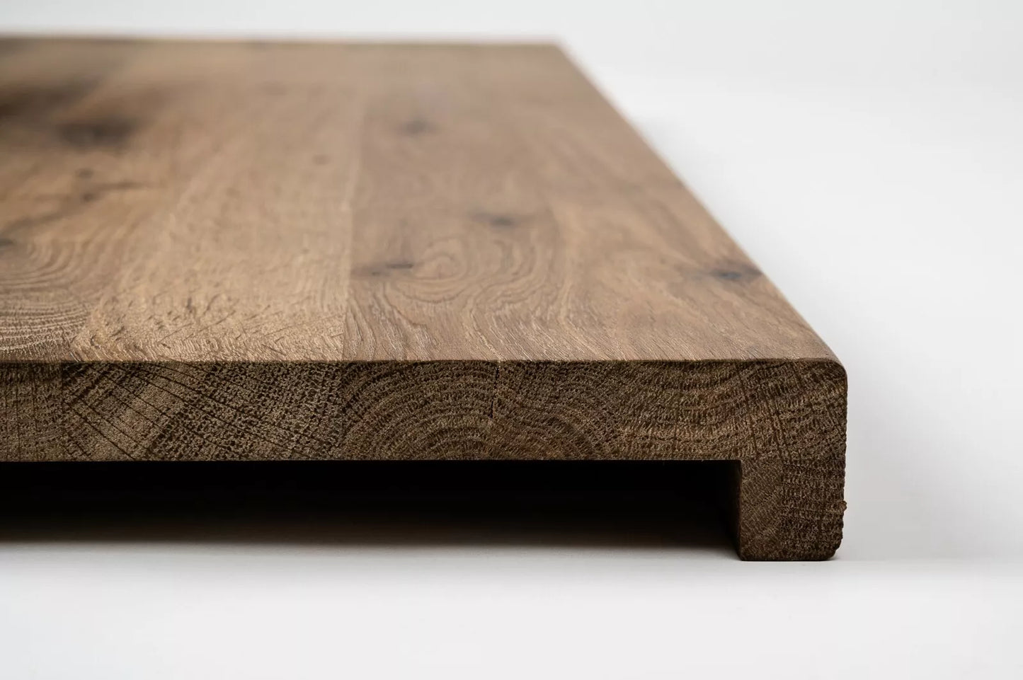 Stair tread Windowsill with overhang Smoked Oak Rustic, full stave lamellas, 26 mm, Hard wax oil nature white